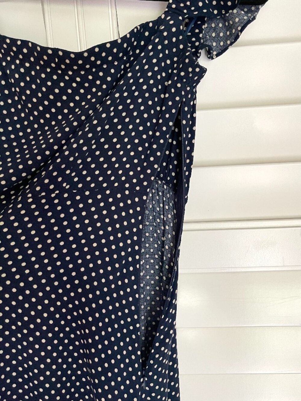 Lulus Dream Love Navy Blue Polka Dot Off the Shoulder Maxi Sundress Size Large - Picture 9 of 12